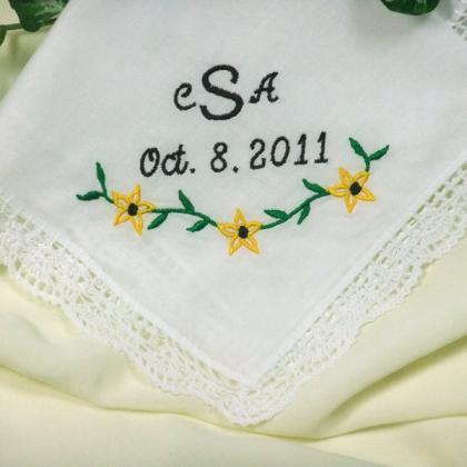 Hankie Embroidered With Yellow Daisy Flower Swag..