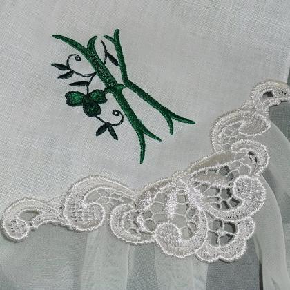 Green Embroidered Wedding Handkerchief In White..