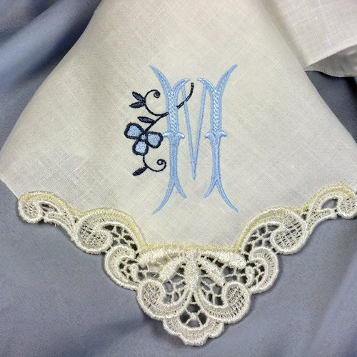Shamrock Monogrammed Wedding Handkerchief Created In Ivory Linen With Venice Lace Motif 9102l