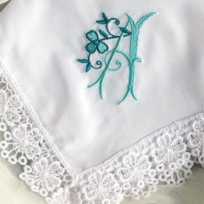 Ivory Vintage Inspired Aqua Shamrock Handkerchief For Your Wedding Cotton 9202