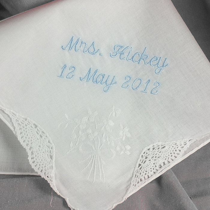 Embroidered Handkerchiefs For Your Wedding Personalized Something Blue Bride - H066