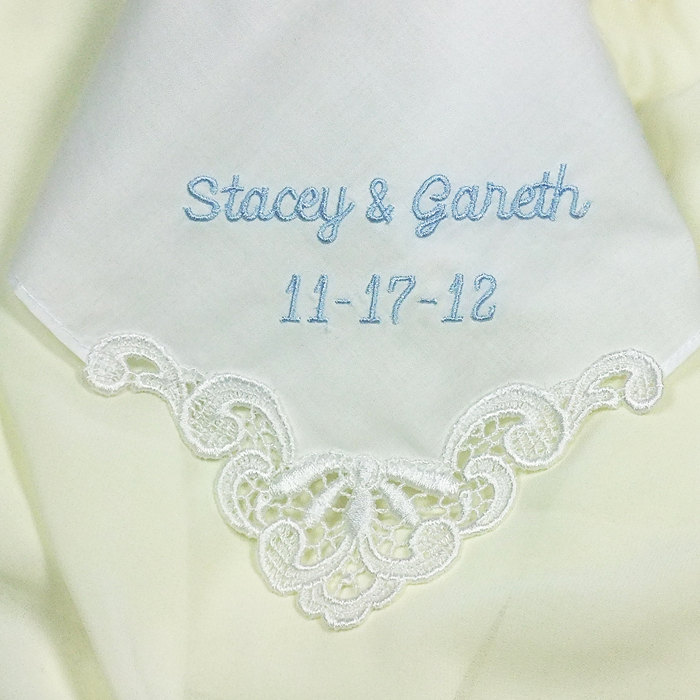 Personalized Wedding Hanky Something Blue For Bride Linen 9102