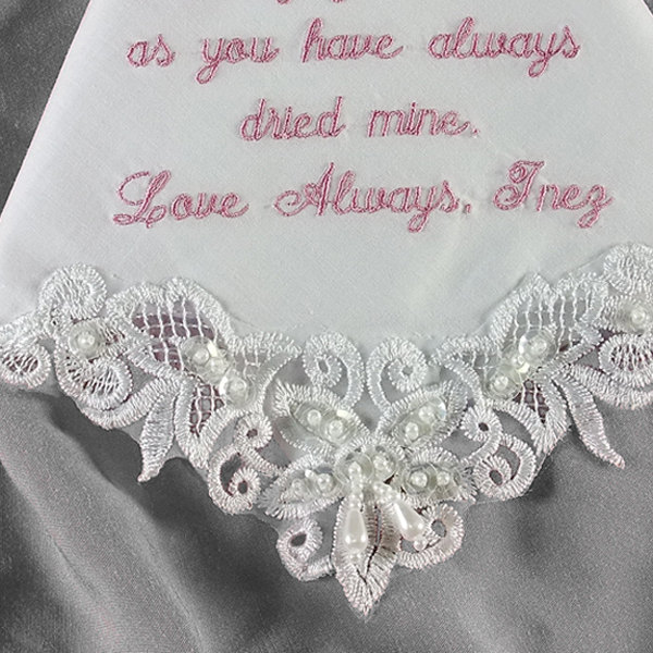 Pearl And Sequin Bridal Handkerchief Personalized For Bride, Mother Of Bride, Mother Of Groom In White Linen 9201l