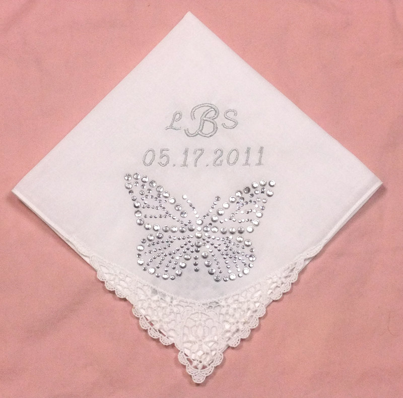 Lace Embroidered Wedding Hankie With Butterfly Rhinestones