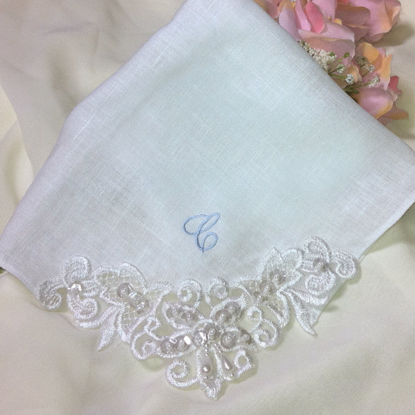 Personalized Linen Wedding Handkerchief Couture Venice Lace White