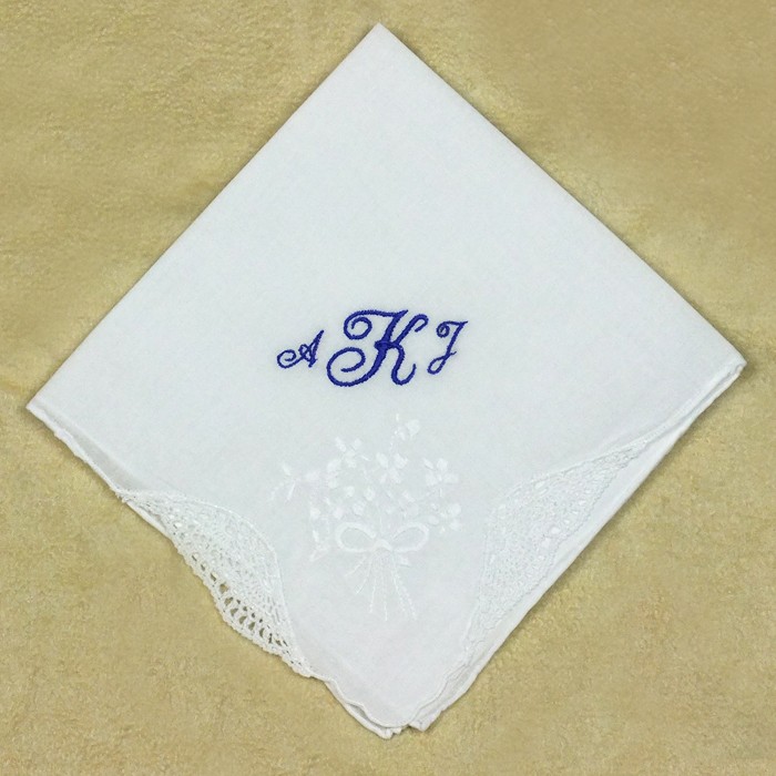 Embroidered Monogrammed Bridal Handkerchief Personalized Something Blue H066