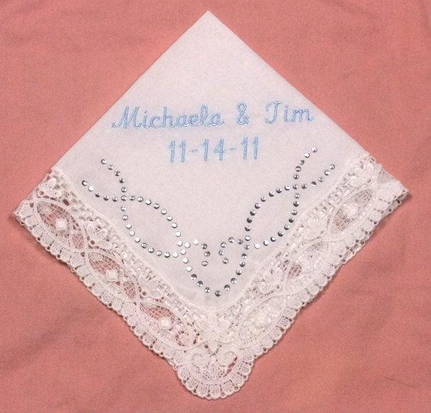 Something Blue Wedding Handkerchief With Crystal Rhinestones